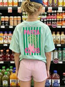 Girls "Pasta Club" Pasta Graphic Short Sleeve T-Shirt, Casual Round Neck Cute Food Print Top For Summer, Suitable For Teens - Mint Green - View 2