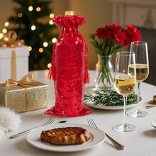 Red Sequin Wine Gift Bag 4 Pcs With Drawstrings 5.5 X 14 Inch Glitter Bottle Covers For Christmas Wedding Birthday - Red - View 3