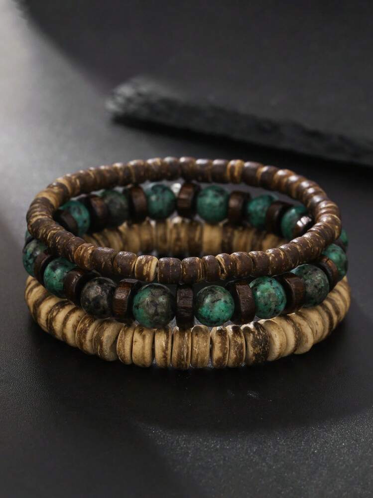 RINTOLER 1 Set 3pcs European & American Bohemian Vacation Style Coconut Shell & Stone Beaded Fashion Personalized Versatile Hollow Elastic Bracelet Set For Daily Wear Or Travel - Multicolor - View 20