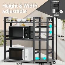3/2-Story Kitchen Storage Rack With 6 Hooks, Expandable Microwave Rack, Microwave Storage Rack, High Load-Bearing Design, Rust Resistant And Durable, Suitable For Kitchen/Office/Storage Room, Expansion Range 40-64cm (Black), Standing Shelf - Black - Three Layers - View 11