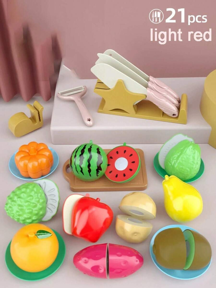 Children's Kitchen Toy Set, Montessori Simulation Kitchen Utensils, For Little Chefs, With Cutting Board For Fruits And Vegetables - 21 Pieces Of Red Knife - View 1
