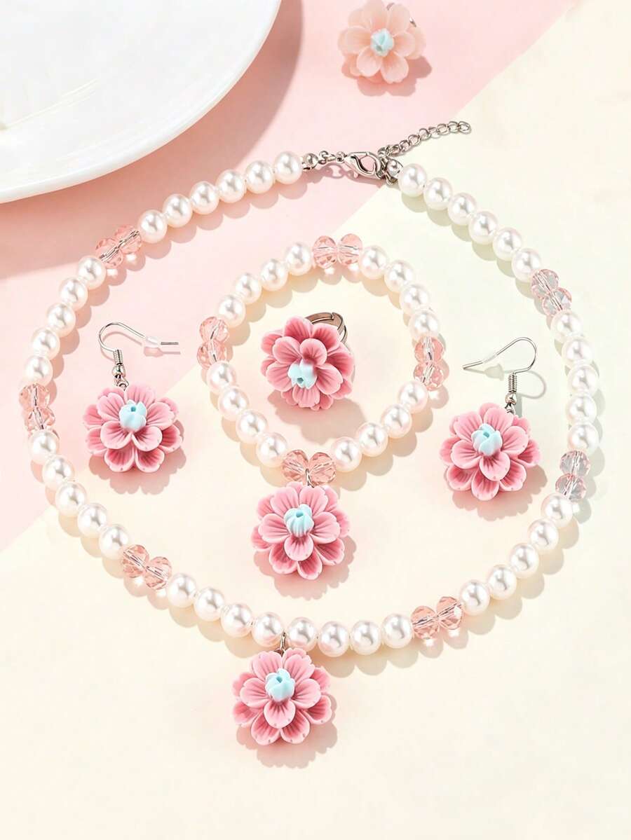 5pcs/Set Girls Elegant Floral Pendant Pearl Necklace, Bracelet, Earrings, Ring Jewelry Set, Suitable For Daily Wear And Holiday Gifts - one-size - View 1