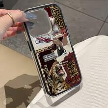 1pc Black Frame Transparent Minimalist Lens Protection Anti-Drop Anti-Collision Leopard English Collage Pattern Phone Case Personalized For IPhone 16 Pro Max/17/16/15/14 Plus/13/12/11/Air - Multicolor - View 3