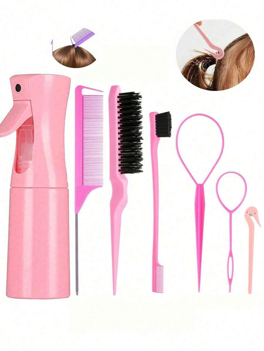 8件組粉色美髮造型工具組-包含噴霧瓶、尾梳、蓬鬆梳、髮髻造型器與髮夾;適用於編髮與DIY髮型設計 - 彩色 - 查看 1