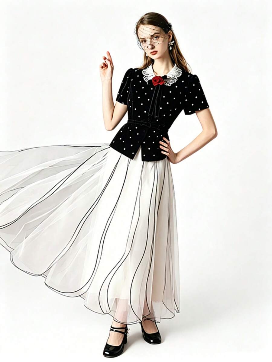 Women's Summer New Wave Mesh High Waist Fairy Ruffle Hem Mid-Length A-Line Skirt - White - View 1