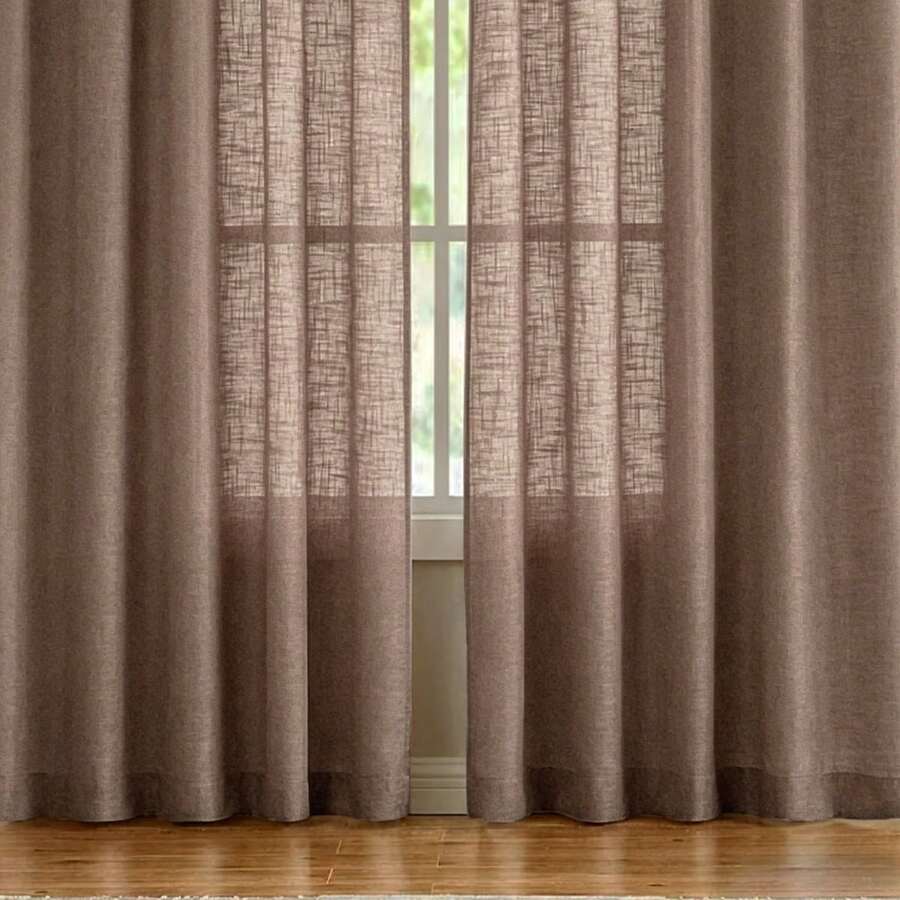 NOSBEI 1pc Rainbow Woven Texture Rod Pocket Curtain, Soft Japanese Minimalist Aesthetic Decorative Curtain Fabric, Suitable For Bedroom And Living Room - Dark Coffee - View 1