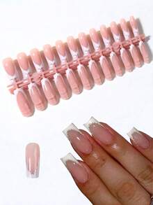 24pcs Long Square White French Manicure Nail Tips, Glitter Design, Perfect Fit Fake Nails, White French Manicure - 白色 - 查看 3