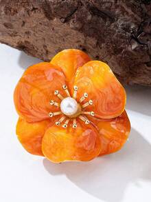 1件誇張復古優雅珍珠鑲嵌花卉女款時尚開口戒指，適合禮物、派對與日常配戴 - 橘色 - 查看 4