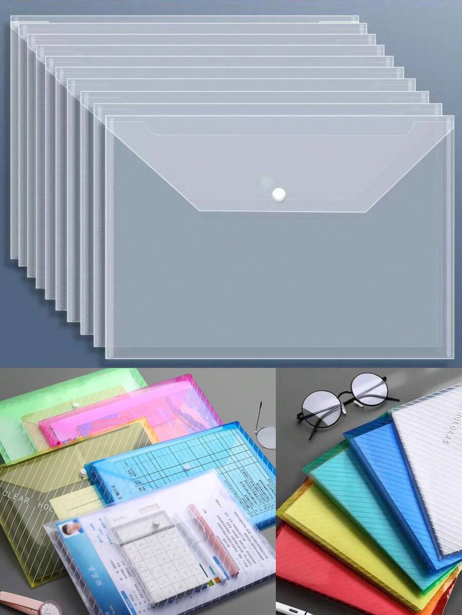 10/5pcs Large Capacity A4 Size Document Bags, Waterproof Transparent Plastic File Bags, Durable Snap Button Document Storage Bags, Suitable For School And Office Supplies, Paper Storage Essentials, Back To School Gift - Multicolor - View 1