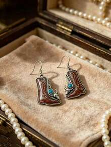 1 Pair Vintage Bohemian Western Cowboy Retro Bull Head Boot Pendant Earrings, Suitable For Women's Daily, Party, Travel Wear Jewelry Gift - Antique Silver - View 6
