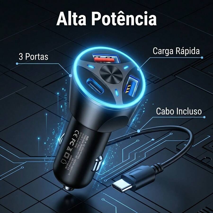 Carregador Veicular Turbo USB 3.0 USB-c USB 3.1A Carregamento Rapido 55w-Inclui cabo de carregamento - carregador + cabo de usb-c - Visão 1