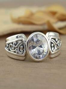 1pc Vintage Silver Wide Band Women's Ring, Oval Cut Cubic Zirconia Exaggerated Finger Jewelry, Retro Bohemian Style Cocktail Party Engagement Party Accessory Gift - Antique Silver - View 8