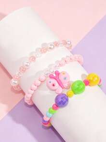 3pcs/Set Girls Cute Butterfly Flower Beaded Bracelet Set, Suitable For Holiday Parties, School Activities, Daily Wear, Girls Accessories - one-size - View 2