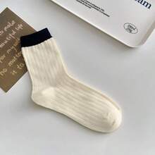 5 Pairs Vertical Striped Candy Color Socks, Spring/Summer Thin Japanese Style Fresh Solid Color Minimalist Colorblock Versatile Mid-Calf Socks - Multicolor - View 7