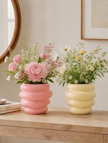 1pc Macaron Color Glossy Vase, Stacked Ripple Design Modern Minimalist Decorative Vases For Floral Arrangement, Living Room Table Decor - Honey Jar - View 3