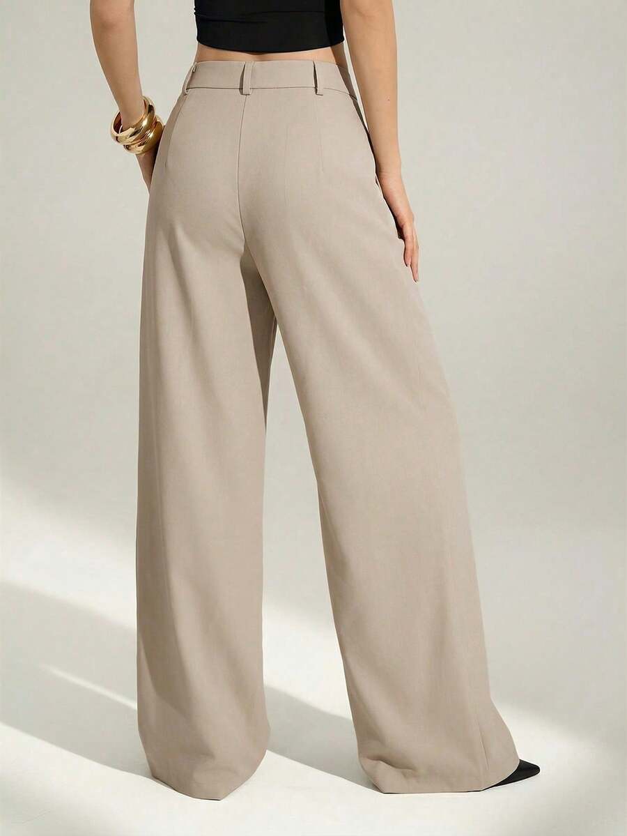 Sexy And Casual Business-Style High-Waisted Wide-Leg Pleated Trousers - Elegant Solid-Color Loose-Fitting Trousers, Professional Office Wear, Work Trousers With Co - 杏色 - 查看 1