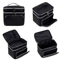 Large Capacity Quilted Makeup Bag With Handle And Zipper - Multi-Functional Double Layer Travel Cosmetic Storage Bag, Black Fabric With Woven Pattern And Silver Zipper, Large Size Makeup Bag, Compartmentalized Storage, Convenient And Organized - Black - View 7