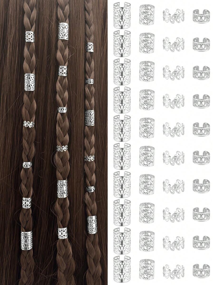 40PCS Hair Jewelry For Braids Silver Hair Cuffs Multi Style Hair Rings Adjustable Hair Beads For Braid Loc Dreadlock Accessories For Girls - Silver - View 1