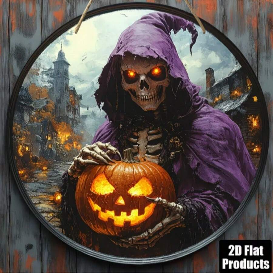 Hiasan Kayu Bulat Cetak Tengkorak Datar 2D, Tahan Air dan Tahan Lama, Dekorasi Pesta Halloween, Bar, Dapur, Ruang Tamu, Kantor, Ornamen Gantung Rumah untuk Berbagai Liburan