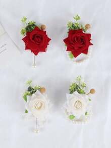 Wedding Groom & Bride Daily Wear Velvet Rose Artificial Rose Brooch Corsage Wrist Flower Set - Red - View 1