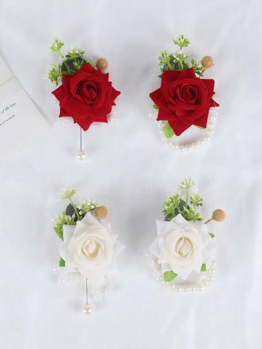 Wedding Groom & Bride Daily Wear Velvet Rose Artificial Rose Brooch Corsage Wrist Flower Set - Red - View 1
