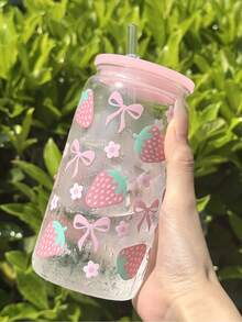 Vaso de viaje de 16 onzas con patrón floral de fresa - Botella de agua de viaje a prueba de fugas de color rosa claro, adecuada para mujeres, fitness, campamento, fiestas de cumpleaños - Diseño de lazo de fresa, excelente para el Día de San Valentín, el Día de la Madre, regalos de boda - Taza de plástico - Multicolor 10 - Ver 1