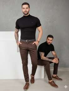 Men's Smart Casual Trousers, Premium Satin Fabric, Tailored Style, Welt Pockets - 鏽棕色 - View 3