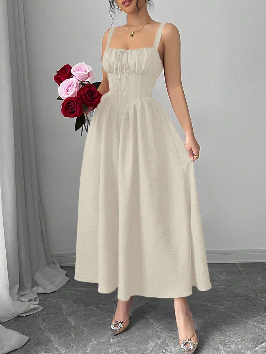 Women's Plain Red Maxi Dress For Summer 2025, Perfect For Valentine's Day Or Holidays, Featuring Ruffles At The Front, A Bow, An Asymmetrical Neckline, And A Slimmed Waist - 杏色 - 查看 1