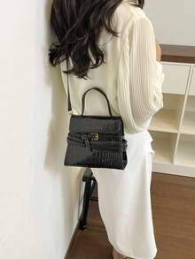 女款方形手提包，時尚極簡復古優雅 PU 鱷魚壓紋布料，斜挎包，適合女性、女孩、大學生，購物、通勤，黑色 - 黑色 - 查看 7