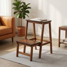 1pc Vintage Contrast Color Double-Layer Solid Wood Folding Step Stool, Featuring Double-Layer Step Design And Integrated Folding Structure, Space-Saving Storage When Not In Use, Suitable For Small Home Spaces - Brown - View 3