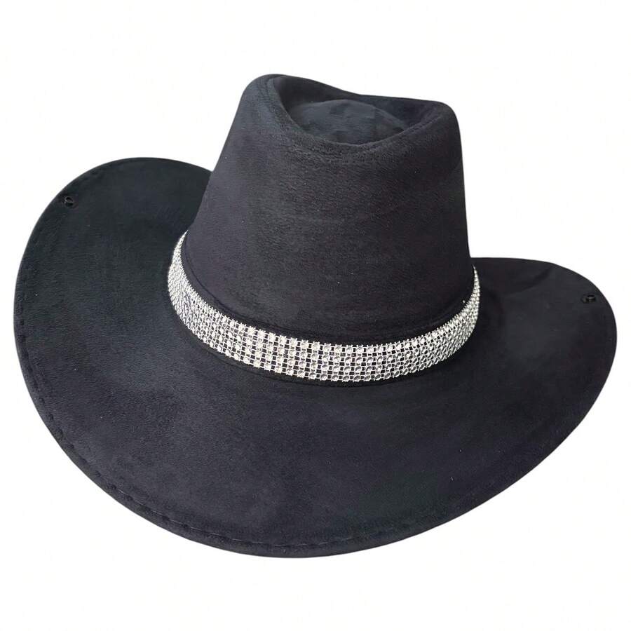 Customized Suede Cowboy Hat With Glitter Stripe - Black - View 1