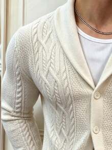 Men's Casual Knit Cardigan, Thick Cable Knit Shawl Collar Sweater, Warm Double Pocket Knitted Jacket For Autumn/Winter - Apricot - View 4