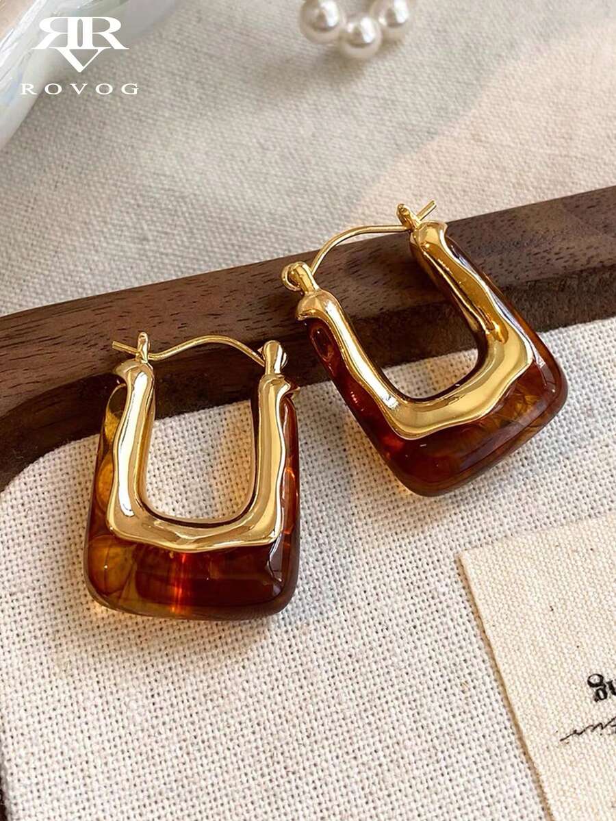 1對復古極簡合成樹脂幾何圓環耳環，適合女性日常配戴