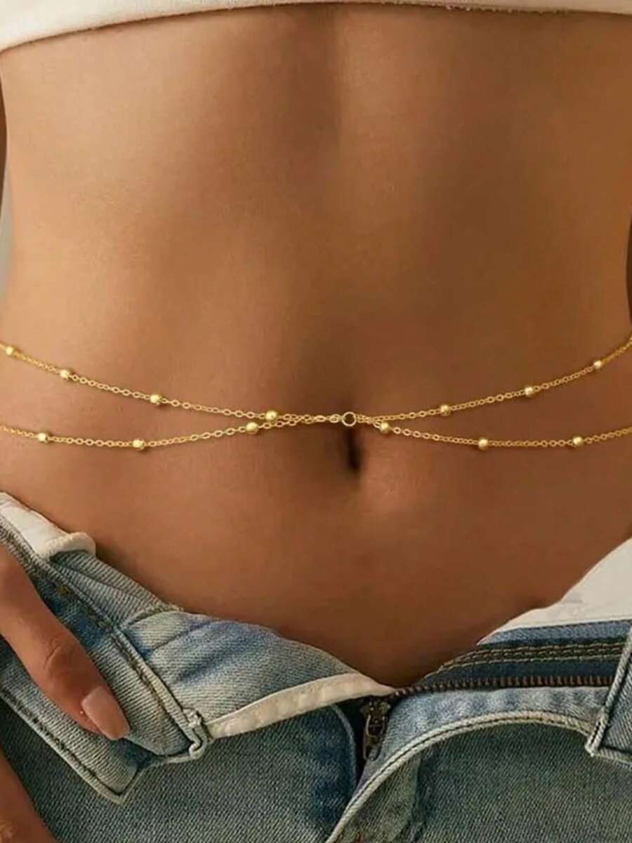 Fashion Women's Double Layer Beaded Waist Belt Simple Gold Metal Cross & Round Bead Body Chain Bikini Jewelry Accessory