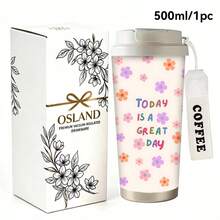 1/5pcs 18oz Stainless Steel Coffee Tumbler, Today Is A Great Day Colorful Floral Print Travel Mug, Multi-Function Flip Straw Lid, White COFFEE Lanyard Strap, Ideal Gift For Positive Ladies, Suitable For Picnic Travel Home Office Daily - Today Is a Beautiful Day. - View 2