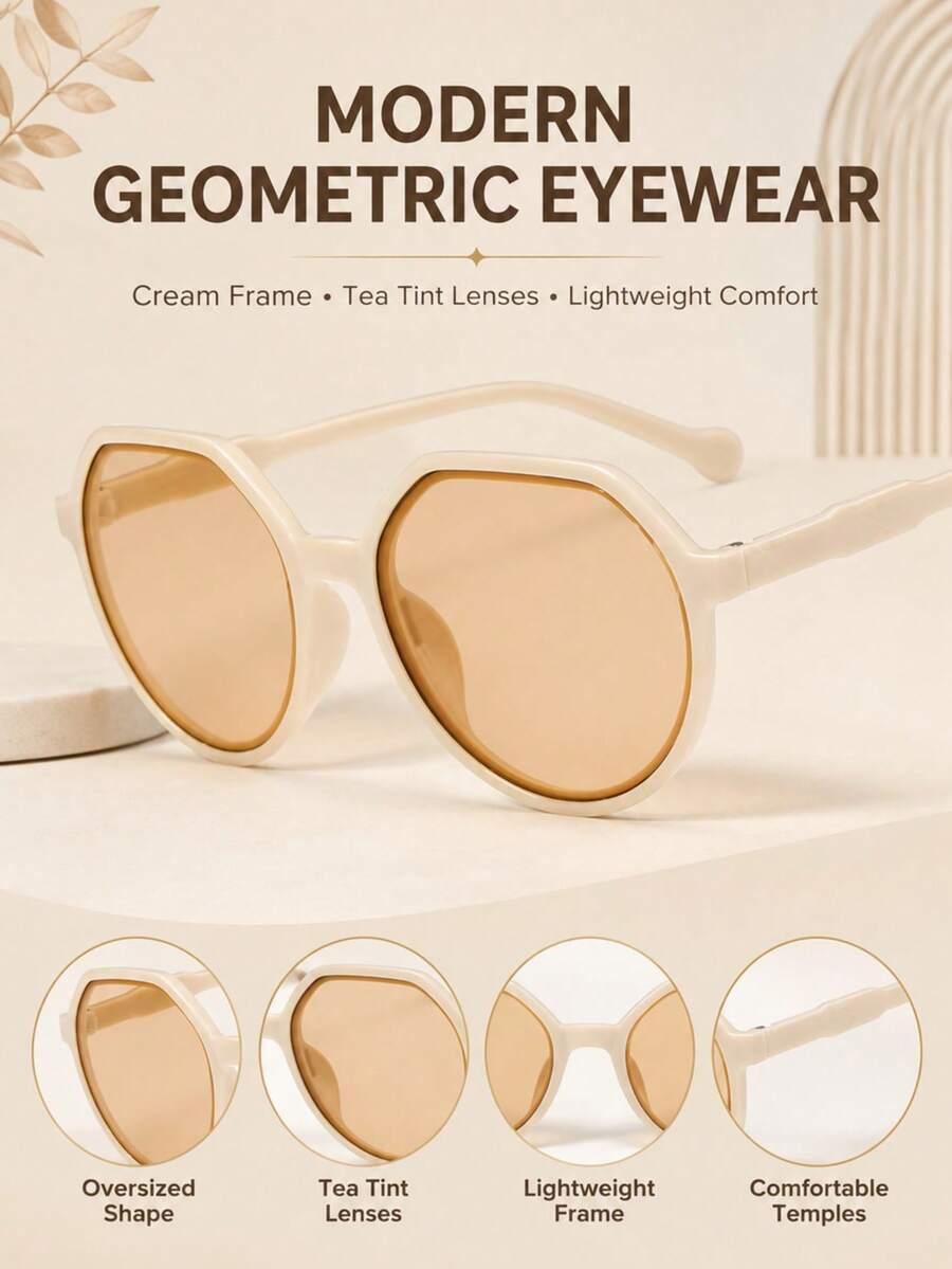 Lunettes de mode géométriques crème pour femmes – Verres teintés thé surdimensionnés, lunettes de mode légères de style rétro pour un port quotidien - A - Voir 1