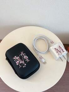 Charger Data Cable Storage Bag & Charger Protective Case Set (1pc Data Cable Storage Bag + 1pc Charger Head Protective Case + 2pcs Data Cable Interface Protective Cases) UV Printed Pink Floral 26 Letters Pattern Compatible With Apple 20W Fast Charger - Multicolor - View 6