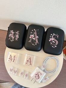 Charger Data Cable Storage Bag & Charger Protective Case Set (1pc Data Cable Storage Bag + 1pc Charger Head Protective Case + 2pcs Data Cable Interface Protective Cases) UV Printed Pink Floral 26 Letters Pattern Compatible With Apple 20W Fast Charger - Multicolor - View 3