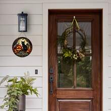2D Flat Vintage Black Cat Round Wooden Hanging Sign, Waterproof & Durable, Happy Halloween Text With Pumpkin & Bat, Halloween Party Scene Decor For Door, Window, Porch & Home - Black - View 4