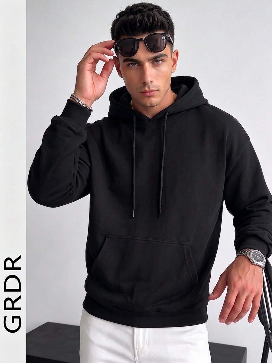 Men's Casual Loose Fit Hoodie Sweatshirt, Fashionable Style, Suitable For Autumn/Winter - Black - View 1