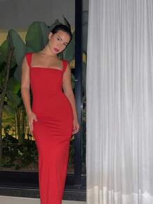 Vivi Long Dress For Party Wedding Graduation Simple Mesh Backless Asymmetrical Side Opening Wedding Evening Birthday Party Formal And Evening - Red - View 3