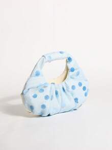 SCULPTEDSTYLE BAGS 1件天空藍美人魚亮片雲朵手提包，奶油白亞麻底布拼接時尚波點網格百褶設計女款托特包，百褶包適合海灘度假使用，可搭配魚網肩帶洋裝休閒度假穿搭（花紋隨機發貨） - 淺藍色 - 查看 4