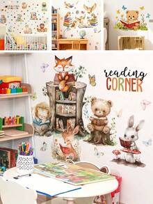 1/2 Sheets Kids Reading Corner Wall Decals, Self - Adhesive Cartoon Animal Book - Themed Stickers (Fox/Lion/Bear/Deer/Rabbit) For Children's Bedroom, Classroom, Living Room Decor​ - Multicolor - View 1