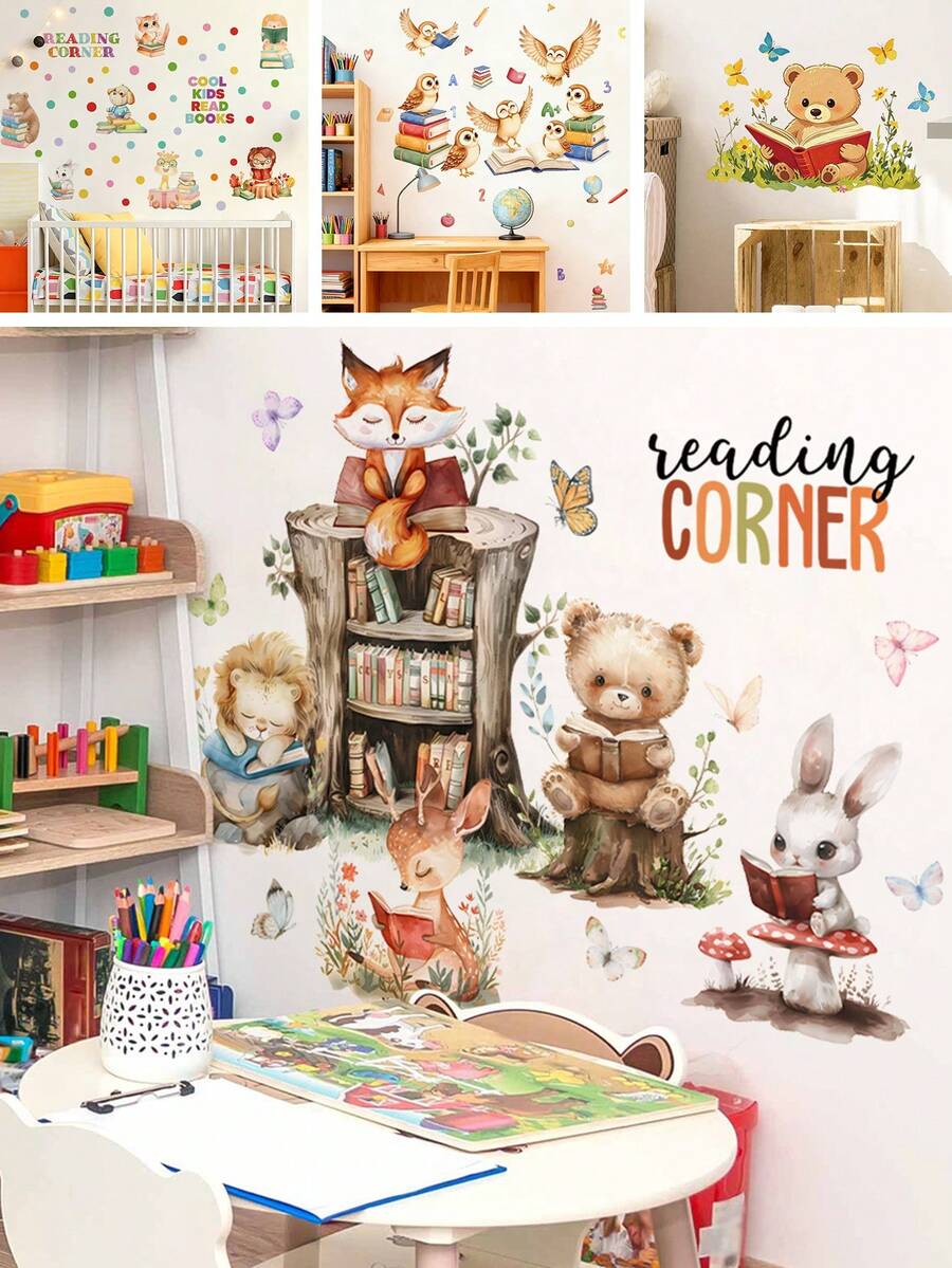 1/2 Sheets Kids Reading Corner Wall Decals, Self - Adhesive Cartoon Animal Book - Themed Stickers (Fox/Lion/Bear/Deer/Rabbit) For Children's Bedroom, Classroom, Living Room Decor​ - Multicolor - View 1