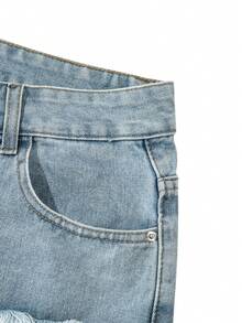 复古做旧毛边牛仔短裤，男士宽松直筒5英寸内缝短裤 - 淺色水洗藍 - 查看 11