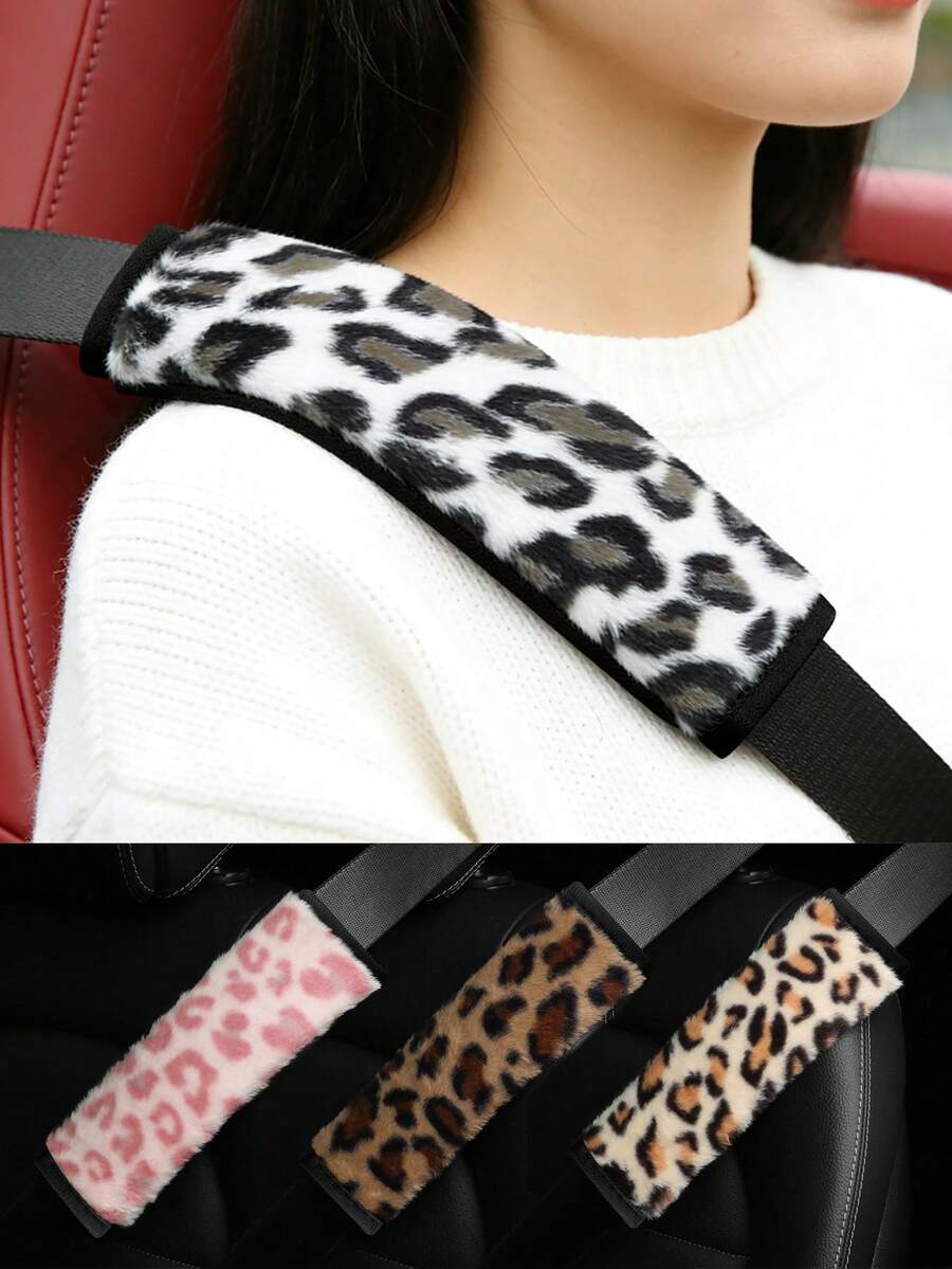 2pcs/1pc Car Seat Belt Shoulder Pads Anti-Pinch Protective Cover Leopard Print Faux Mink Fur Car Interior Accessories, Soft Comfortable Exquisite Car Shoulder Pads Seat Belt Decor, 4 Colors Available - A - View 1
