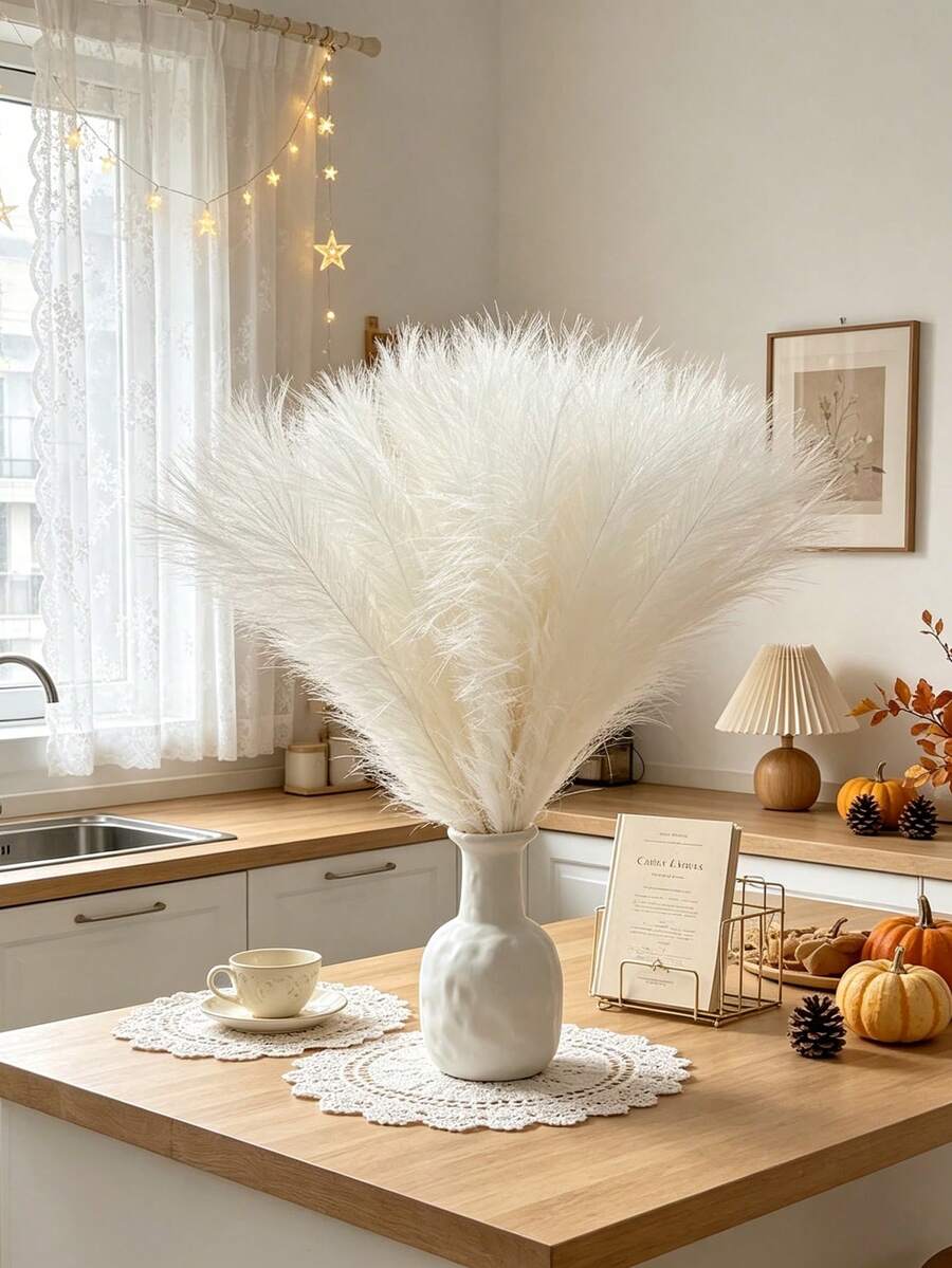 10pcs Elegant Artificial Reed Grass, Soft Feather-Like Faux Flowers, Suitable For Home & Outdoor Decor, Weddings, Holidays, No Container Needed, Best For Autumn - Milky White - View 1