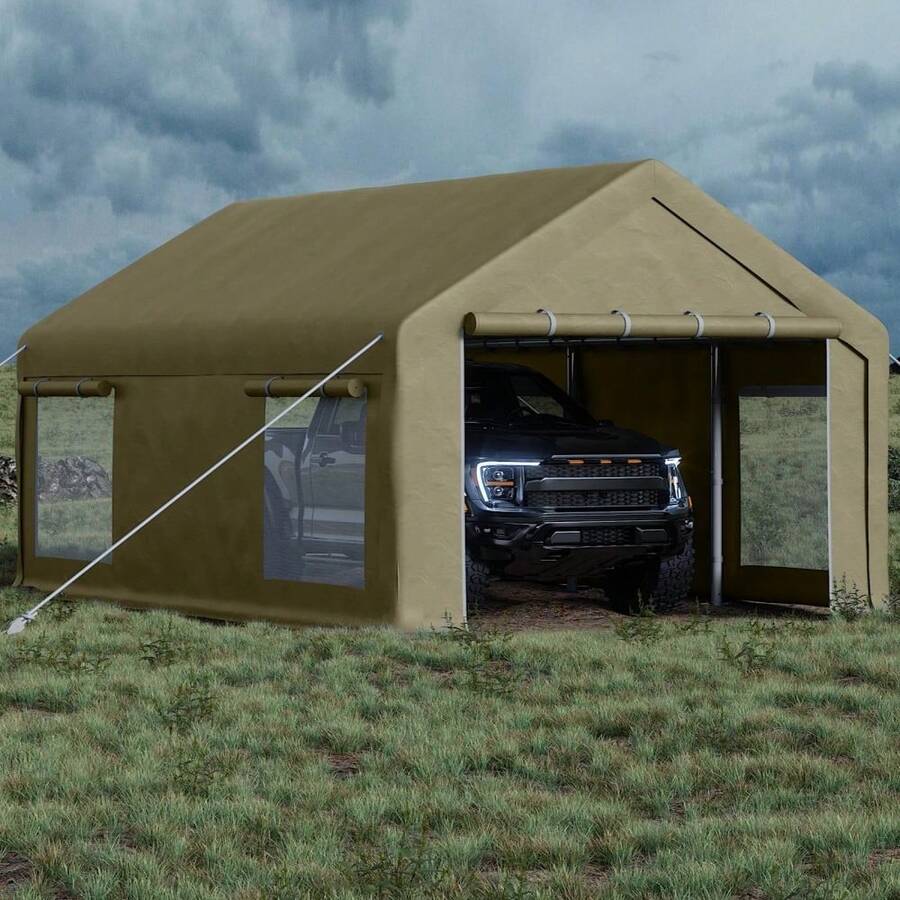 BouPower 12x20 Ft Carport, Car Port With 200 G PE Tarp, Roll-Up Doors, And 4 Windows, For Full-Size Pickups, Bass Boats, Tractors, And SUVs - Yellow - View 1