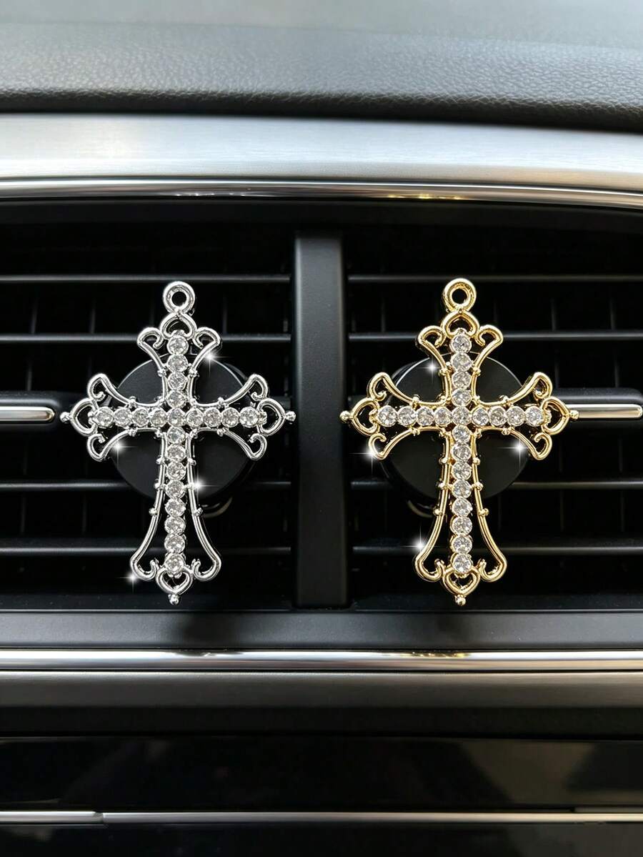 Alloy Rhinestone Cross Car Air Vent Decor High-End Car Air Conditioner Vent Aromatherapy Clip Decorative Clip Car Accessories - A - View 1