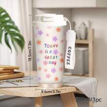 1/5pcs 18oz Stainless Steel Coffee Tumbler, Today Is A Great Day Colorful Floral Print Travel Mug, Multi-Function Flip Straw Lid, White COFFEE Lanyard Strap, Ideal Gift For Positive Ladies, Suitable For Picnic Travel Home Office Daily - Today Is a Beautiful Day. - View 8